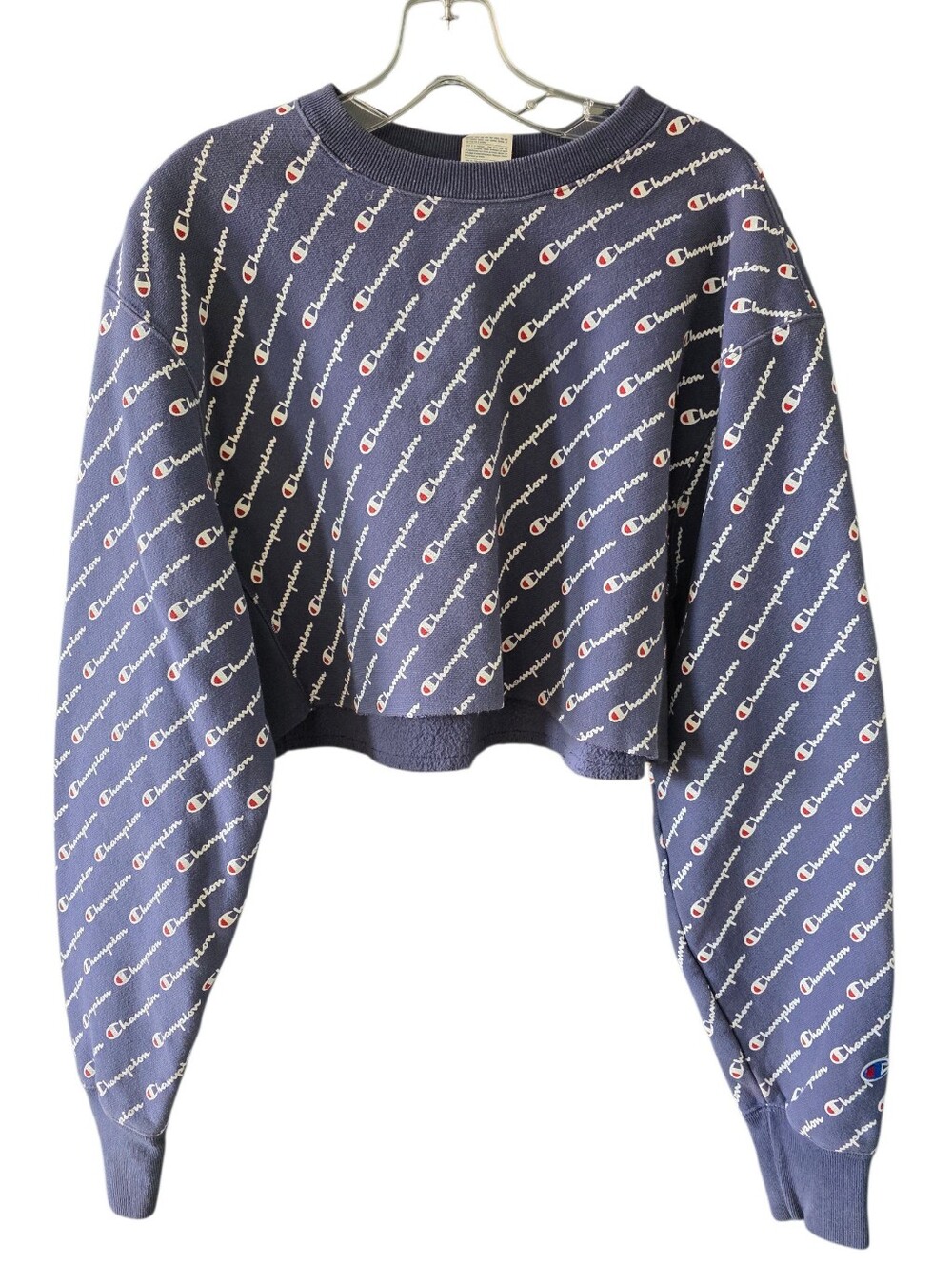 Champion Navy Blue Cropped Sweatshirt with All-Over Logo Size Small